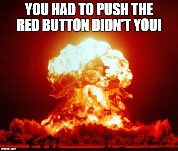 Nuke | YOU HAD TO PUSH THE RED BUTTON DIDN'T YOU! | image tagged in nuke | made w/ Imgflip meme maker