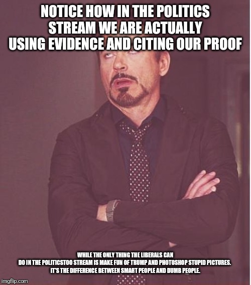 Face You Make Robert Downey Jr | NOTICE HOW IN THE POLITICS STREAM WE ARE ACTUALLY USING EVIDENCE AND CITING OUR PROOF; WHILE THE ONLY THING THE LIBERALS CAN DO IN THE POLITICSTOO STREAM IS MAKE FUN OF TRUMP AND PHOTOSHOP STUPID PICTURES. 

IT'S THE DIFFERENCE BETWEEN SMART PEOPLE AND DUMB PEOPLE. | image tagged in memes,face you make robert downey jr | made w/ Imgflip meme maker