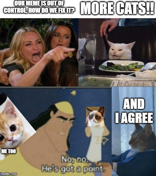 no no hes got a point | OUR MEME IS OUT OF CONTROL, HOW DO WE FIX IT? MORE CATS!! AND I AGREE; ME TOO | image tagged in no no hes got a point,cats,cat,woman yelling at cat | made w/ Imgflip meme maker