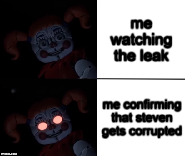 Circus Baby Reaction | me watching the leak; me confirming that steven gets corrupted | image tagged in circus baby reaction | made w/ Imgflip meme maker