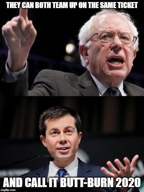butt burn | THEY CAN BOTH TEAM UP ON THE SAME TICKET; AND CALL IT BUTT-BURN 2020 | image tagged in bernie sanders,booty judge,2020 election | made w/ Imgflip meme maker