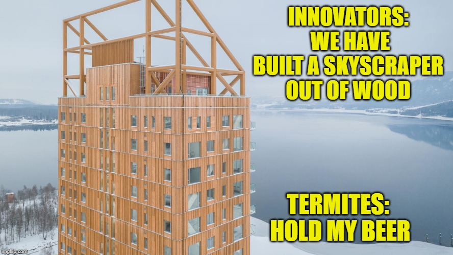 I presume there's no smoking permitted and none of the windows will open after it rains? | INNOVATORS:  WE HAVE BUILT A SKYSCRAPER OUT OF WOOD; TERMITES:  HOLD MY BEER | image tagged in termites,wood skyscraper,hold my beer | made w/ Imgflip meme maker