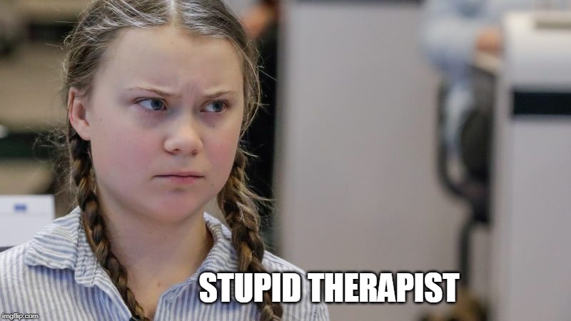 Pissedoff Greta | STUPID THERAPIST | image tagged in pissedoff greta | made w/ Imgflip meme maker