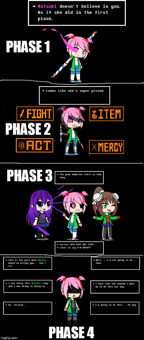 Gatcha designs for Dokitale Disbelief Natsuki.  Let's hope this reveal is worth it | PHASE 1; PHASE 2; PHASE 3; PHASE 4 | image tagged in natsuki,no longer,believes,in you,dokitale,disbelief | made w/ Imgflip meme maker