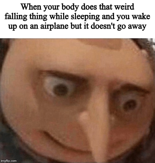 When your body does that weird falling thing while sleeping and you wake up on an airplane but it doesn't go away | image tagged in blank white template,uh oh gru | made w/ Imgflip meme maker