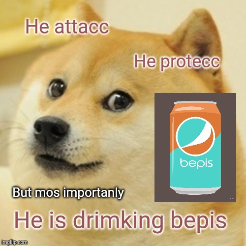 Doge | He attacc; He protecc; But mos importanly; He is drimking bepis | image tagged in memes,doge | made w/ Imgflip meme maker