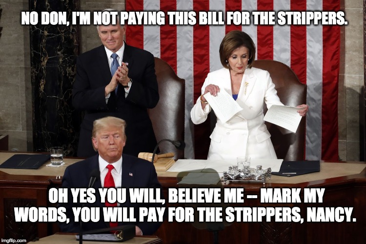 Pay the darn bill, Nancy. | NO DON, I'M NOT PAYING THIS BILL FOR THE STRIPPERS. OH YES YOU WILL, BELIEVE ME -- MARK MY WORDS, YOU WILL PAY FOR THE STRIPPERS, NANCY. | image tagged in nancy pelosi rips trump speech,strippers,donald trump | made w/ Imgflip meme maker
