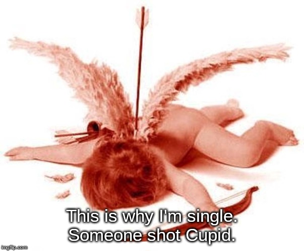 This is why I'm single... | This is why I'm single.
Someone shot Cupid. | image tagged in cupid,valentine's day,single | made w/ Imgflip meme maker