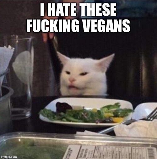 Annoyed White Cat | I HATE THESE F**KING VEGANS | image tagged in annoyed white cat | made w/ Imgflip meme maker