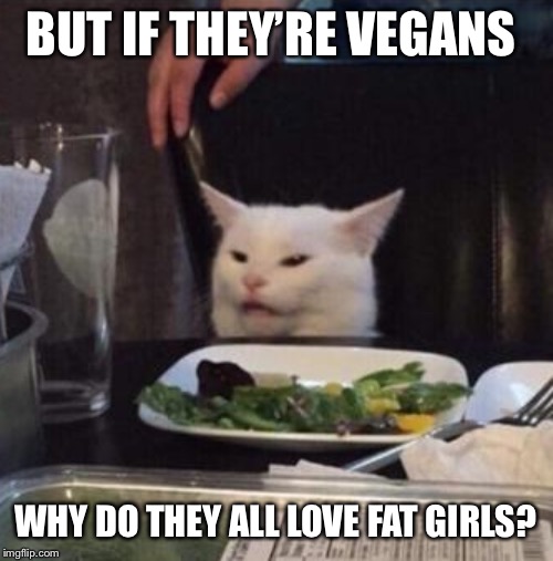 Annoyed White Cat | BUT IF THEY’RE VEGANS WHY DO THEY ALL LOVE FAT GIRLS? | image tagged in annoyed white cat | made w/ Imgflip meme maker