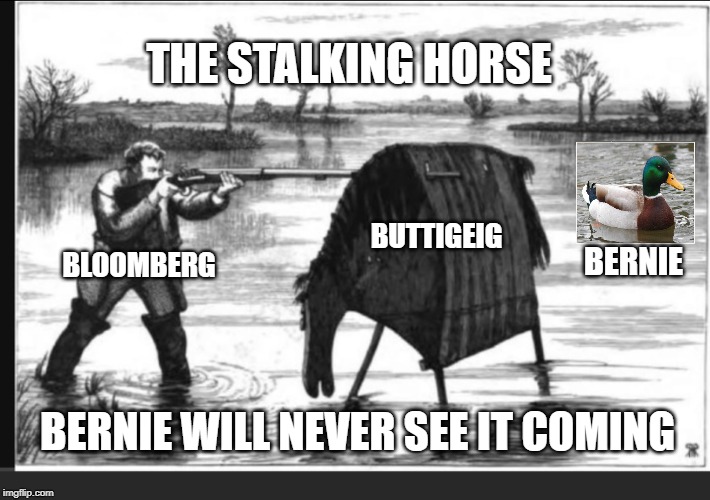 DEMOCRATIC CONVENTION | THE STALKING HORSE; BLOOMBERG; BERNIE; BUTTIGEIG; BERNIE WILL NEVER SEE IT COMING | image tagged in bloomberg,buttigeig,democratic party,democratic convention,joe biden,bernie sanders | made w/ Imgflip meme maker
