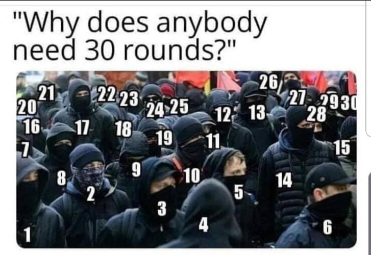 Why does anybody need 30 rounds? | image tagged in antifa,communists,communist socialist,neo-nazis,sjw triggered,angry sjw | made w/ Imgflip meme maker