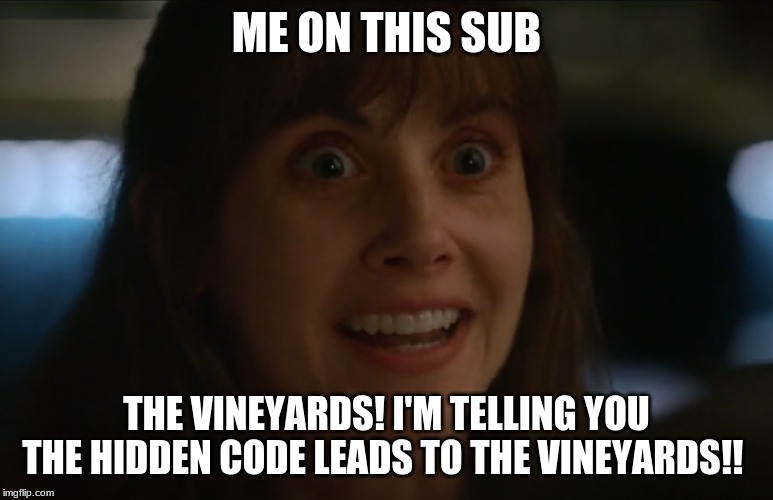 ME ON THIS SUB; THE VINEYARDS! I'M TELLING YOU THE HIDDEN CODE LEADS TO THE VINEYARDS!! | made w/ Imgflip meme maker