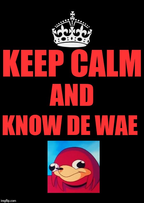 Keep calm and know DE WAE xD lololololololol | KEEP CALM; AND; KNOW DE WAE | image tagged in memes,keep calm and carry on black,dank memes,de wae,funny memes,ugandan knuckles | made w/ Imgflip meme maker