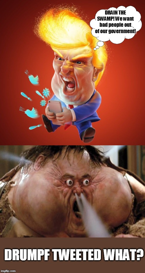 DRAIN THE SWAMP! We want bad people out of our government! DRUMPF TWEETED WHAT? | image tagged in big trouble in little china,trump tweets | made w/ Imgflip meme maker