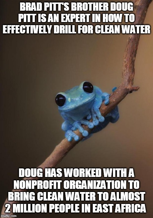 Small Fact Frog | BRAD PITT'S BROTHER DOUG PITT IS AN EXPERT IN HOW TO EFFECTIVELY DRILL FOR CLEAN WATER; DOUG HAS WORKED WITH A NONPROFIT ORGANIZATION TO BRING CLEAN WATER TO ALMOST 2 MILLION PEOPLE IN EAST AFRICA | image tagged in small fact frog | made w/ Imgflip meme maker