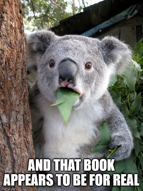 Surprised Koala Meme | AND THAT BOOK APPEARS TO BE FOR REAL | image tagged in memes,surprised koala | made w/ Imgflip meme maker