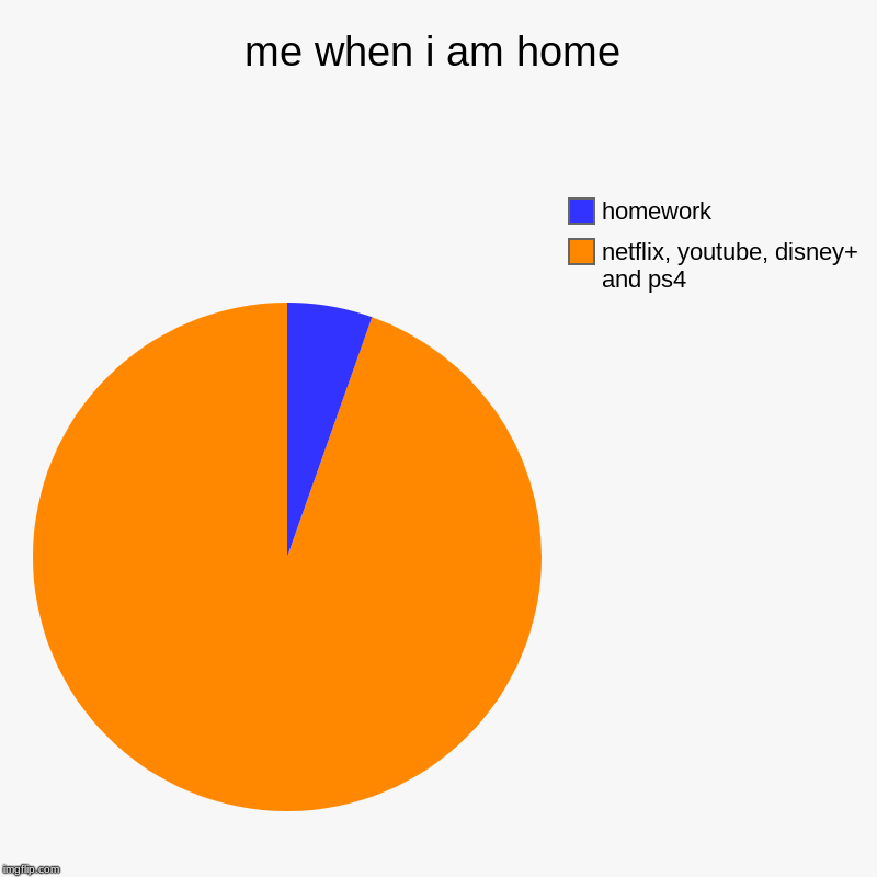 me when i am home | netflix, youtube, disney+ and ps4, homework | image tagged in charts,pie charts | made w/ Imgflip chart maker