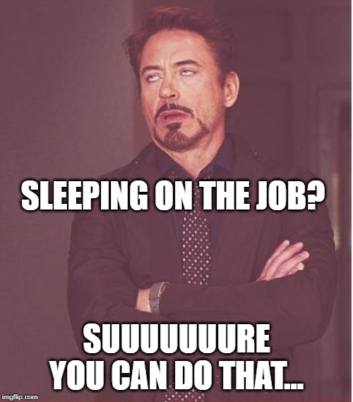 Face You Make Robert Downey Jr | SLEEPING ON THE JOB? SUUUUUUURE YOU CAN DO THAT... | image tagged in memes,face you make robert downey jr | made w/ Imgflip meme maker