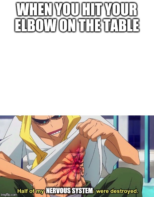 WHEN YOU HIT YOUR ELBOW ON THE TABLE; NERVOUS SYSTEM | image tagged in blank white template,half of my respiratory organs were destroyed | made w/ Imgflip meme maker