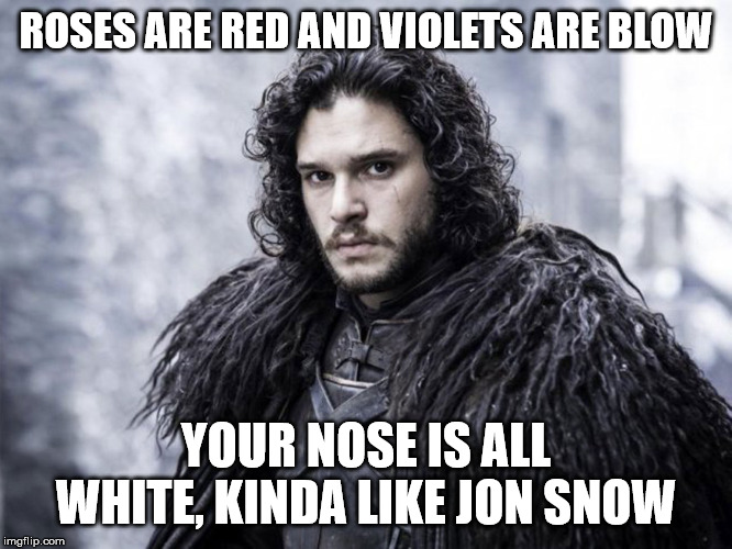 jon snow | ROSES ARE RED AND VIOLETS ARE BLOW YOUR NOSE IS ALL WHITE, KINDA LIKE JON SNOW | image tagged in jon snow | made w/ Imgflip meme maker