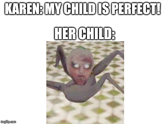 Poor Karen... | KAREN: MY CHILD IS PERFECT! HER CHILD: | image tagged in blank white template | made w/ Imgflip meme maker