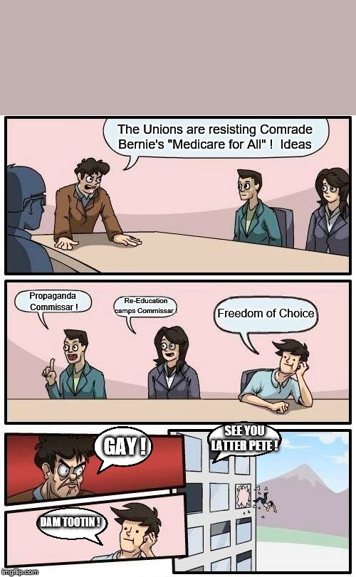 Yep | The Unions are resisting Comrade Bernie's "Medicare for All" !  Ideas; Propaganda  Commissar ! Re-Education camps Commissar ! Freedom of Choice; SEE YOU LATTER PETE ! GAY ! DAM TOOTIN ! | image tagged in memes,boardroom meeting suggestion,bernie sanders,medicare,democrats | made w/ Imgflip meme maker