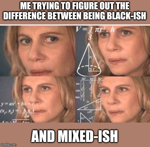 Math lady/Confused lady | ME TRYING TO FIGURE OUT THE DIFFERENCE BETWEEN BEING BLACK-ISH; AND MIXED-ISH | image tagged in math lady/confused lady | made w/ Imgflip meme maker