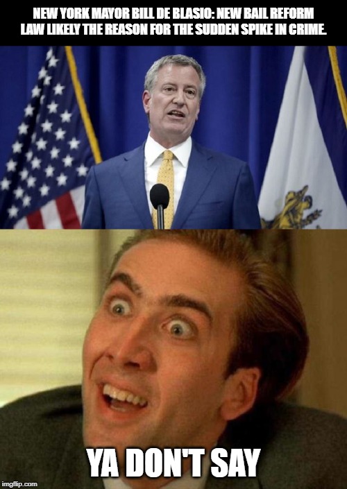 Crime steadily going down, down, down.  Get rid of bail...crime go up, up , up.  Wonder what went wrong. | NEW YORK MAYOR BILL DE BLASIO: NEW BAIL REFORM LAW LIKELY THE REASON FOR THE SUDDEN SPIKE IN CRIME. YA DON'T SAY | image tagged in ya dont say,funny,politics,political meme | made w/ Imgflip meme maker