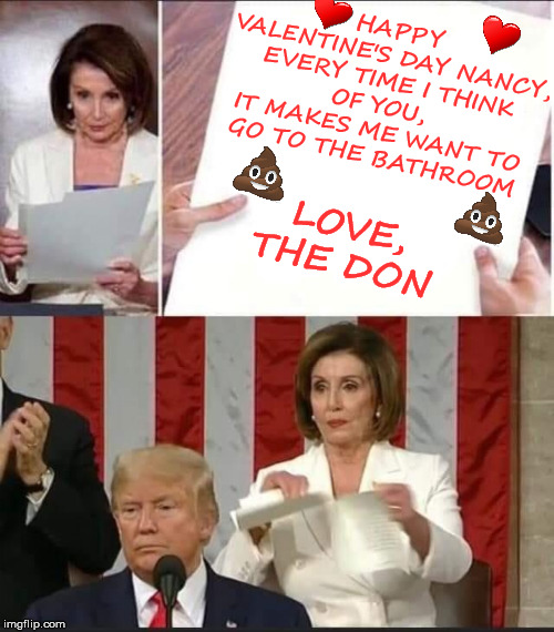 Nancy Pelosi Tears Up Valentine's | HAPPY VALENTINE'S DAY NANCY,

EVERY TIME I THINK OF YOU, 
IT MAKES ME WANT TO GO TO THE BATHROOM; LOVE, THE DON | image tagged in memes,donald trump,state of the union,happy valentine's day,nancy pelosi,i love you this much | made w/ Imgflip meme maker