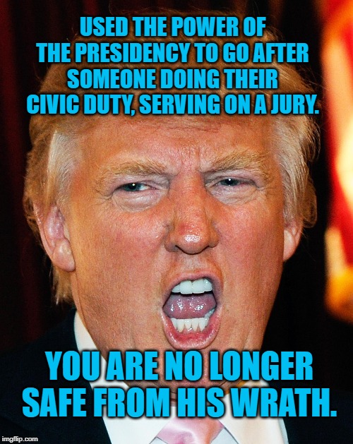 Donald Trump I Will Duck You Up | USED THE POWER OF THE PRESIDENCY TO GO AFTER SOMEONE DOING THEIR CIVIC DUTY, SERVING ON A JURY. YOU ARE NO LONGER SAFE FROM HIS WRATH. | image tagged in donald trump i will duck you up | made w/ Imgflip meme maker