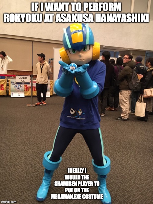 Megaman.EXE With Mega Man Plush | IF I WANT TO PERFORM ROKYOKU AT ASAKUSA HANAYASHIKI; IDEALLY I WOULD THE SHAMISEN PLAYER TO PUT ON THE MEGAMAN.EXE COSTUME | image tagged in megaman,megaman nt warrior,megaman battle network,memes | made w/ Imgflip meme maker