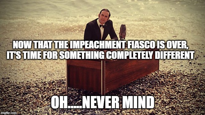 And now for something completely different | NOW THAT THE IMPEACHMENT FIASCO IS OVER, IT'S TIME FOR SOMETHING COMPLETELY DIFFERENT; OH.....NEVER MIND | image tagged in and now for something completely different | made w/ Imgflip meme maker