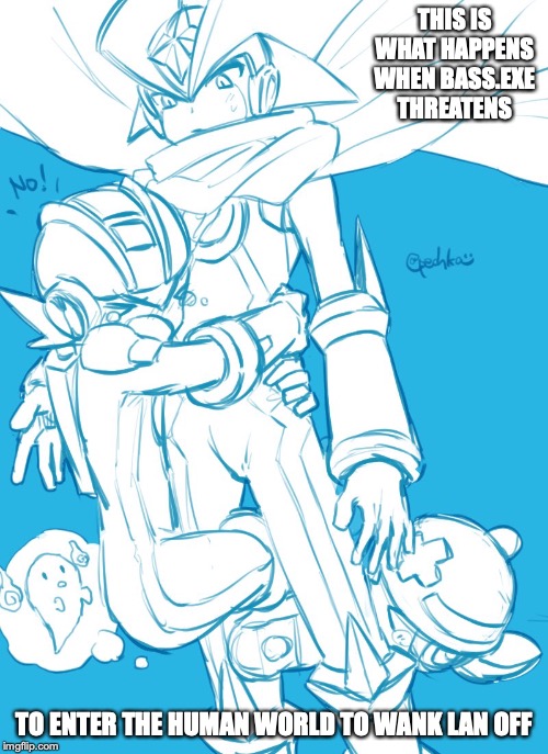 Megaman.EXE Holding Onto Bass | THIS IS WHAT HAPPENS WHEN BASS.EXE THREATENS; TO ENTER THE HUMAN WORLD TO WANK LAN OFF | image tagged in megaman nt warrior,megaman battle network,memes | made w/ Imgflip meme maker