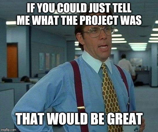 That Would Be Great | IF YOU COULD JUST TELL ME WHAT THE PROJECT WAS; THAT WOULD BE GREAT | image tagged in memes,that would be great | made w/ Imgflip meme maker