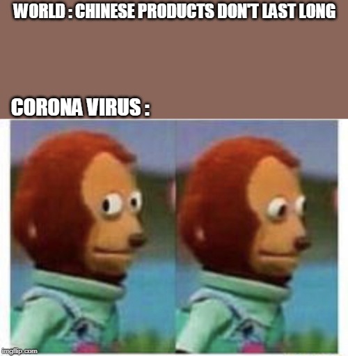 side eye teddy | WORLD : CHINESE PRODUCTS DON'T LAST LONG; CORONA VIRUS : | image tagged in side eye teddy | made w/ Imgflip meme maker