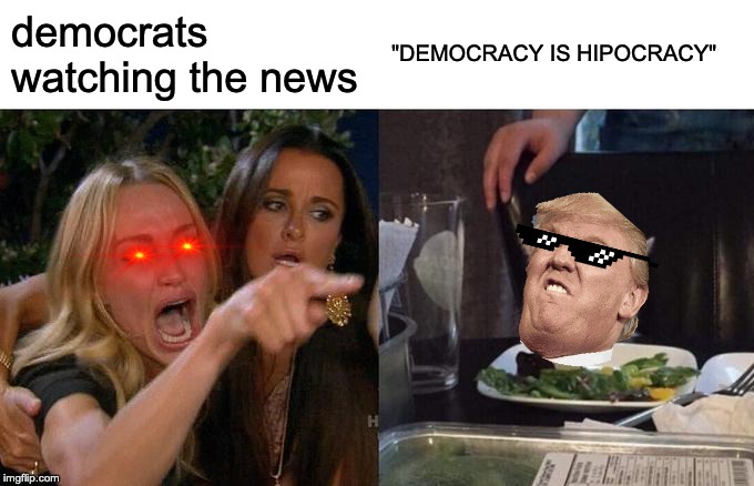 Woman Yelling At Cat | democrats watching the news; "DEMOCRACY IS HIPOCRACY" | image tagged in memes,woman yelling at cat | made w/ Imgflip meme maker