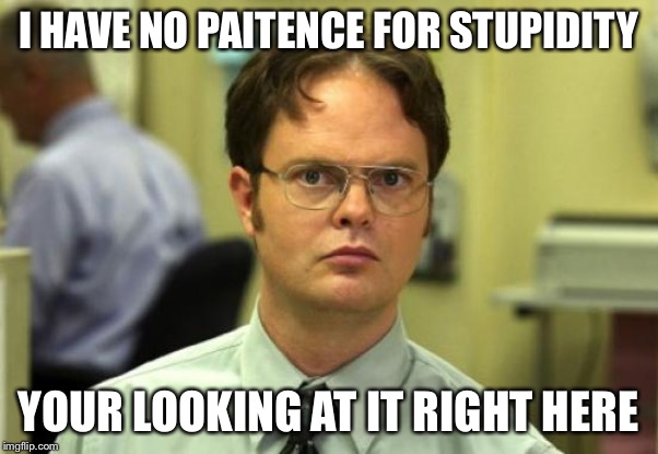 Dwight Schrute Meme | I HAVE NO PAITENCE FOR STUPIDITY; YOUR LOOKING AT IT RIGHT HERE | image tagged in memes,dwight schrute | made w/ Imgflip meme maker