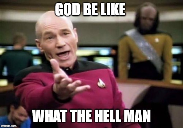 Picard Wtf Meme | GOD BE LIKE; WHAT THE HELL MAN | image tagged in memes,picard wtf | made w/ Imgflip meme maker