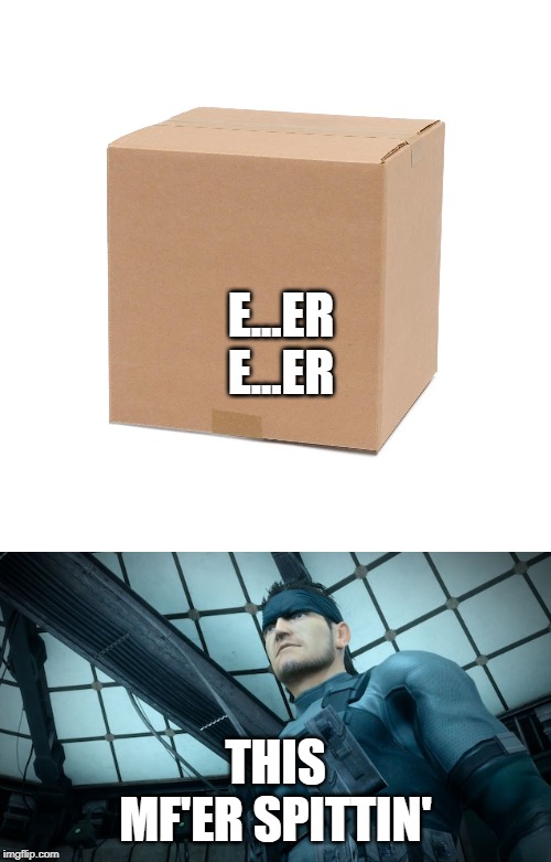 E...ER
E...ER; THIS MF'ER SPITTIN' | image tagged in the box,cardboard box,solid snake,metal gear solid,roddy ricch,pliskin | made w/ Imgflip meme maker
