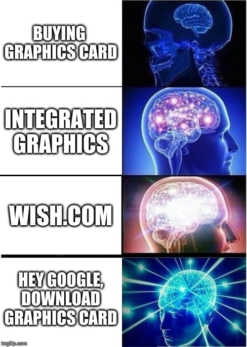 Expanding Brain | BUYING  GRAPHICS CARD; INTEGRATED GRAPHICS; WISH.COM; HEY GOOGLE, DOWNLOAD GRAPHICS CARD | image tagged in memes,expanding brain | made w/ Imgflip meme maker