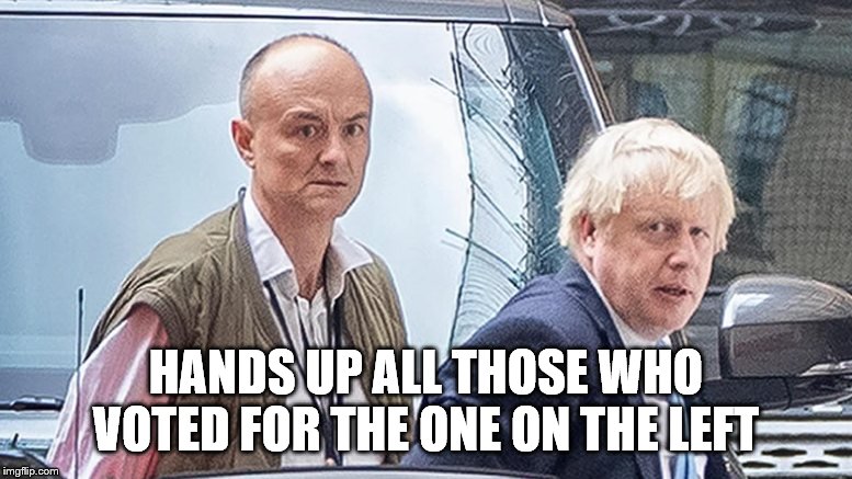 HANDS UP ALL THOSE WHO VOTED FOR THE ONE ON THE LEFT | image tagged in boris johnson | made w/ Imgflip meme maker