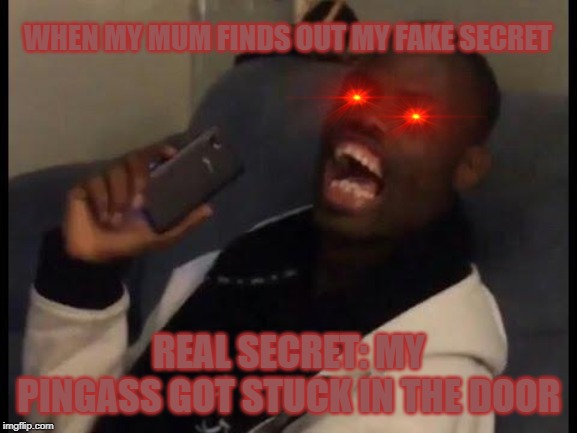 deez nuts | WHEN MY MUM FINDS OUT MY FAKE SECRET; REAL SECRET: MY PINGASS GOT STUCK IN THE DOOR | image tagged in deez nuts | made w/ Imgflip meme maker