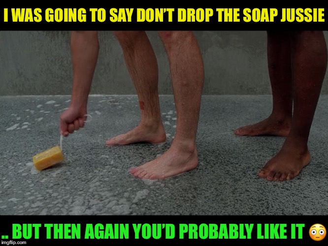 Prison shower soap | I WAS GOING TO SAY DON’T DROP THE SOAP JUSSIE .. BUT THEN AGAIN YOU’D PROBABLY LIKE IT ? | image tagged in prison shower soap | made w/ Imgflip meme maker
