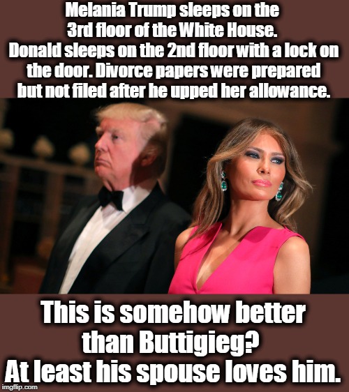 Love is a wonderful thing. It's a shame they both had to look outside their marriage in search of it. Happy Valentine's Day! | Melania Trump sleeps on the 
3rd floor of the White House. 
Donald sleeps on the 2nd floor with a lock on the door. Divorce papers were prepared but not filed after he upped her allowance. This is somehow better than Buttigieg? 
At least his spouse loves him. | image tagged in donald vs melania the divorce that never happened,melania trump,trump,divorce,bribe | made w/ Imgflip meme maker