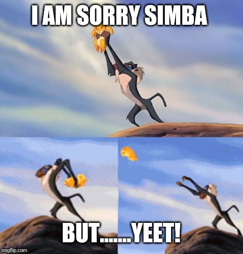 Simba Rafiki Lion King  | I AM SORRY SIMBA; BUT.......YEET! | image tagged in simba rafiki lion king | made w/ Imgflip meme maker