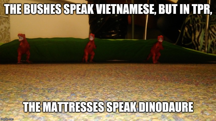 THE BUSHES SPEAK VIETNAMESE, BUT IN TPR, THE MATTRESSES SPEAK DINODAURE | image tagged in french,vietnam,dinosaur | made w/ Imgflip meme maker