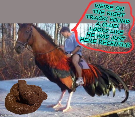 top tracker team | WE'RE ON THE RIGHT TRACK! FOUND A CLUE! LOOKS LIKE HE WAS JUST HERE RECENTLY! | image tagged in top tracker team | made w/ Imgflip meme maker