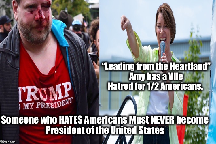 ‪“Leading from the Heartland”‬ANTIFA ‪Amy has a Vile Hatred in her Heart for 1/2 Americans | ‪“Leading from the Heartland”‬
‪Amy has a Vile Hatred for 1/2 Americans.‬; Someone who HATES Americans Must NEVER become ‬
‪President of the United States‬ | image tagged in antifa,amy klobuchar,trump derangement syndrome,antifa amy | made w/ Imgflip meme maker