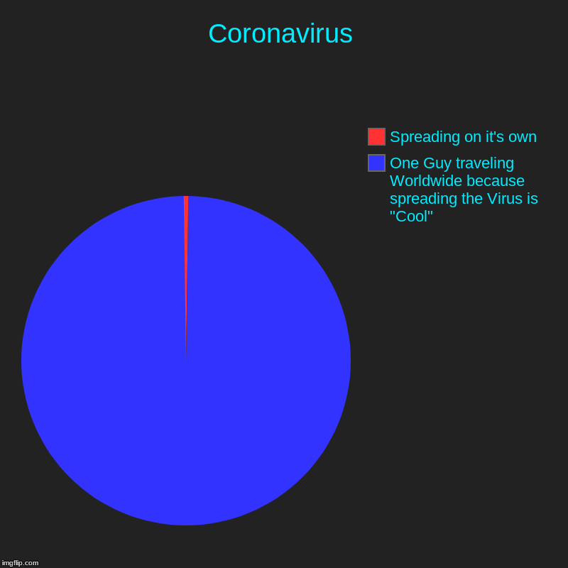 Coronavirus | One Guy traveling Worldwide because spreading the Virus is "Cool", Spreading on it's own | image tagged in charts,pie charts | made w/ Imgflip chart maker